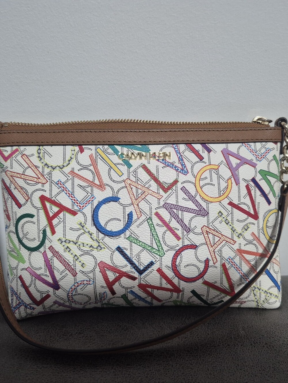Calvin Klein Multicolor Logo Shoulder Wristlet - White with Tan Trim